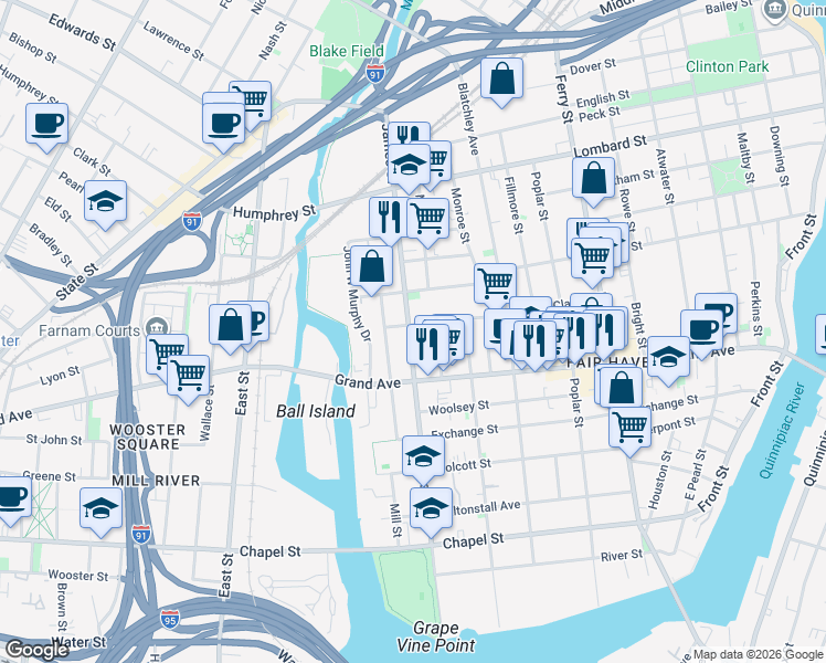 map of restaurants, bars, coffee shops, grocery stores, and more near 174 Clay Street in New Haven