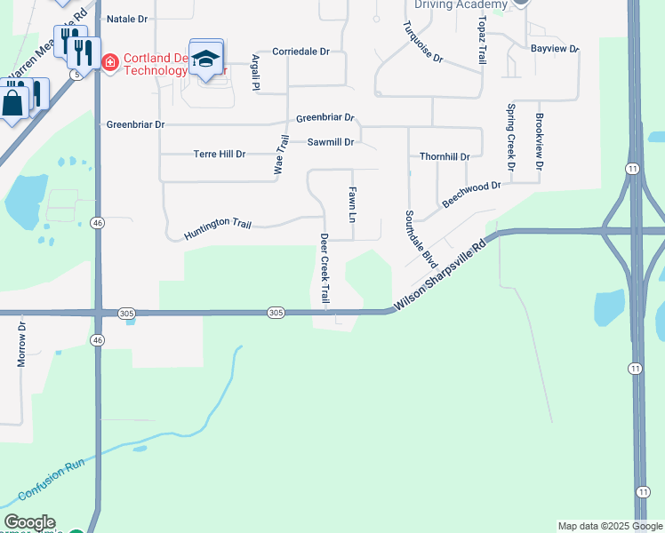 map of restaurants, bars, coffee shops, grocery stores, and more near 308 Deer Creek Trail in Cortland