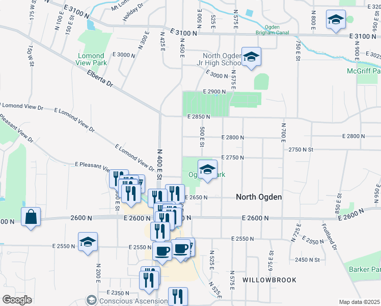 map of restaurants, bars, coffee shops, grocery stores, and more near 470 East 2750 North in Ogden