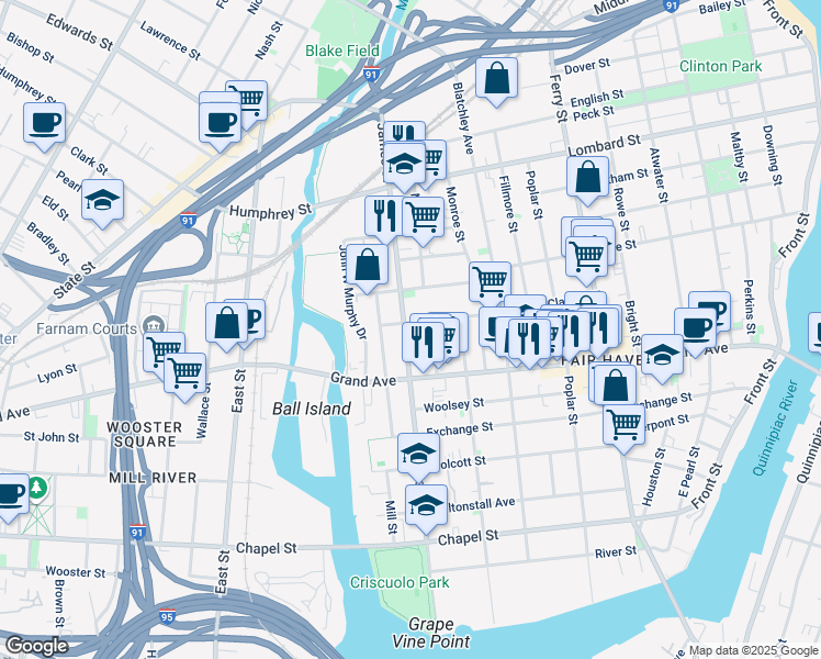 map of restaurants, bars, coffee shops, grocery stores, and more near 265 James Street in New Haven