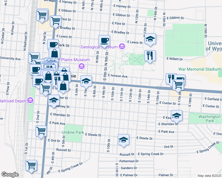 map of restaurants, bars, coffee shops, grocery stores, and more near 312 South 10th Street in Laramie