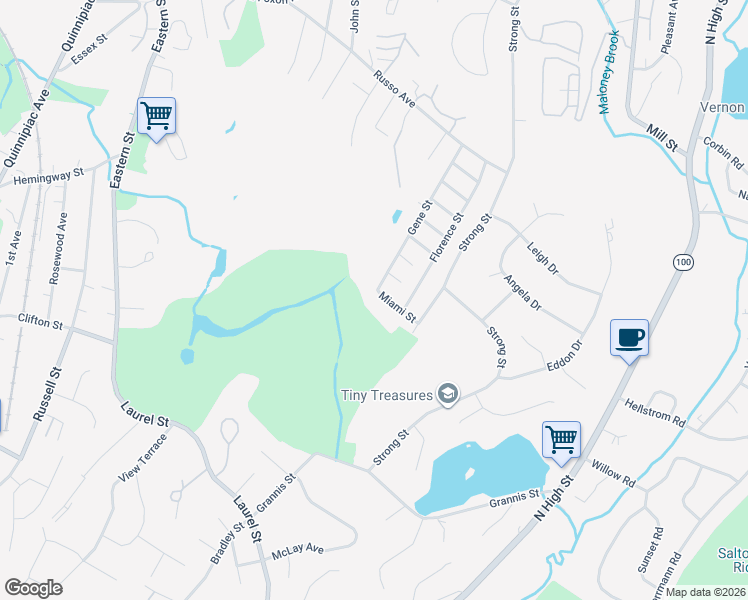 map of restaurants, bars, coffee shops, grocery stores, and more near 50 Miami Street in East Haven