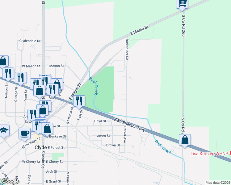 map of restaurants, bars, coffee shops, grocery stores, and more near 40 Cherry Knoll in Clyde