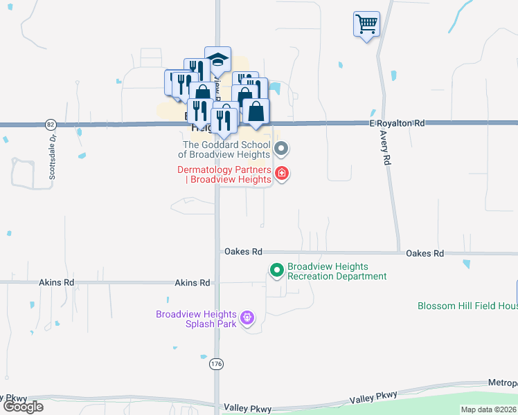 map of restaurants, bars, coffee shops, grocery stores, and more near 9390 Rockys Court in Broadview Heights