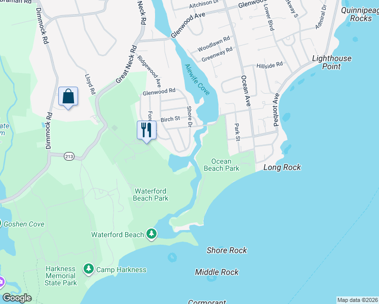 map of restaurants, bars, coffee shops, grocery stores, and more near 2 Shore Drive in Waterford