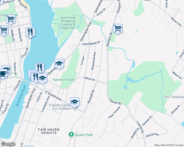 map of restaurants, bars, coffee shops, grocery stores, and more near 55 Rosewood Avenue in New Haven