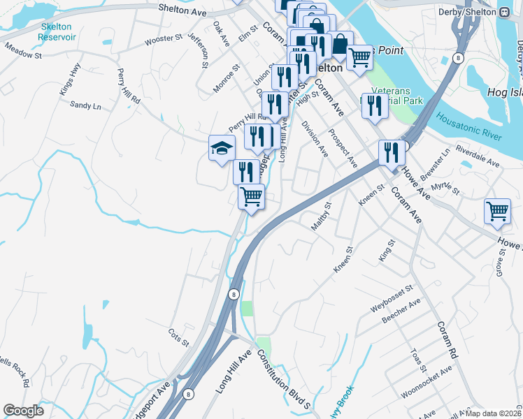 map of restaurants, bars, coffee shops, grocery stores, and more near 2 Colonial Village in Shelton