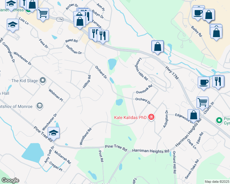 map of restaurants, bars, coffee shops, grocery stores, and more near 274 Orchard Drive in Monroe