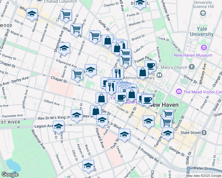 map of restaurants, bars, coffee shops, grocery stores, and more near 70 Howe Street in New Haven