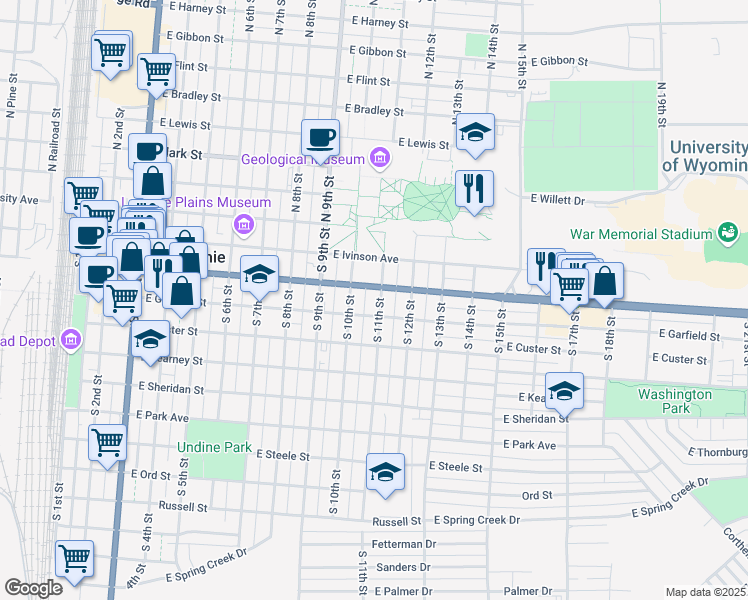 map of restaurants, bars, coffee shops, grocery stores, and more near 310 South 11th Street in Laramie