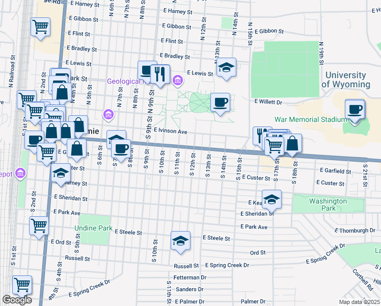 map of restaurants, bars, coffee shops, grocery stores, and more near 310 South 12th Street in Laramie