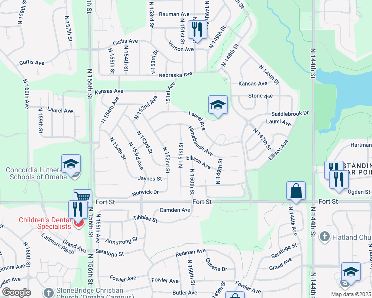 map of restaurants, bars, coffee shops, grocery stores, and more near 5613 North 151st Street in Omaha