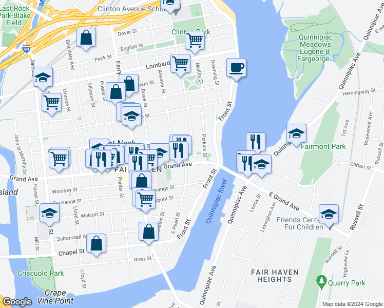 map of restaurants, bars, coffee shops, grocery stores, and more near 18 Clinton Avenue in New Haven