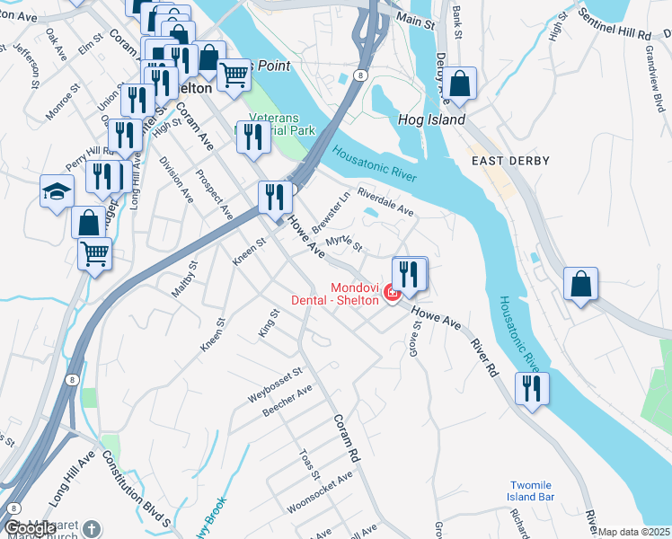 map of restaurants, bars, coffee shops, grocery stores, and more near 130 Howe Avenue in Shelton
