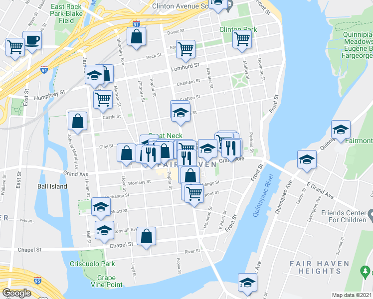 map of restaurants, bars, coffee shops, grocery stores, and more near 373 Ferry Street in New Haven