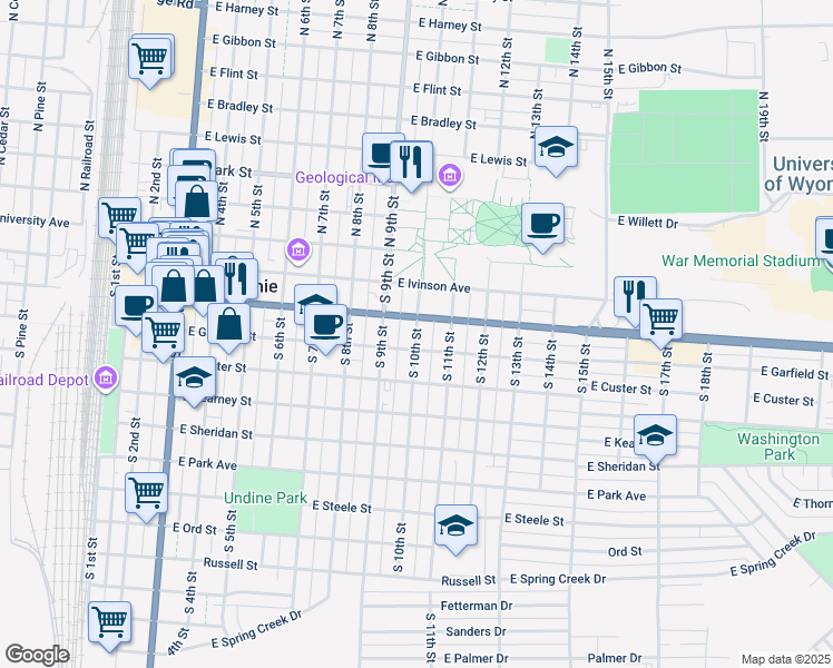 map of restaurants, bars, coffee shops, grocery stores, and more near 312 South 10th Street in Laramie