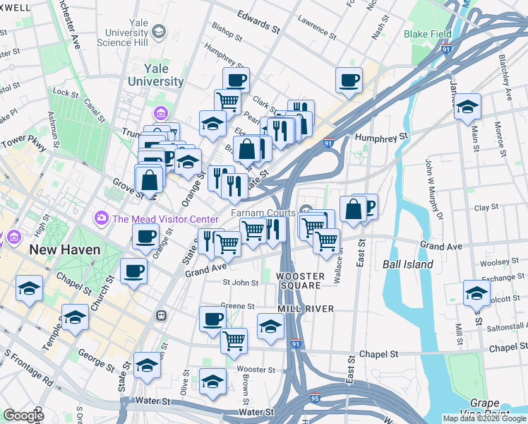 map of restaurants, bars, coffee shops, grocery stores, and more near 73 William Street in New Haven