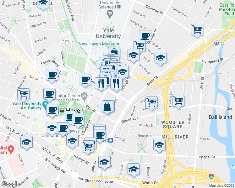 map of restaurants, bars, coffee shops, grocery stores, and more near 338 Orange Street in New Haven