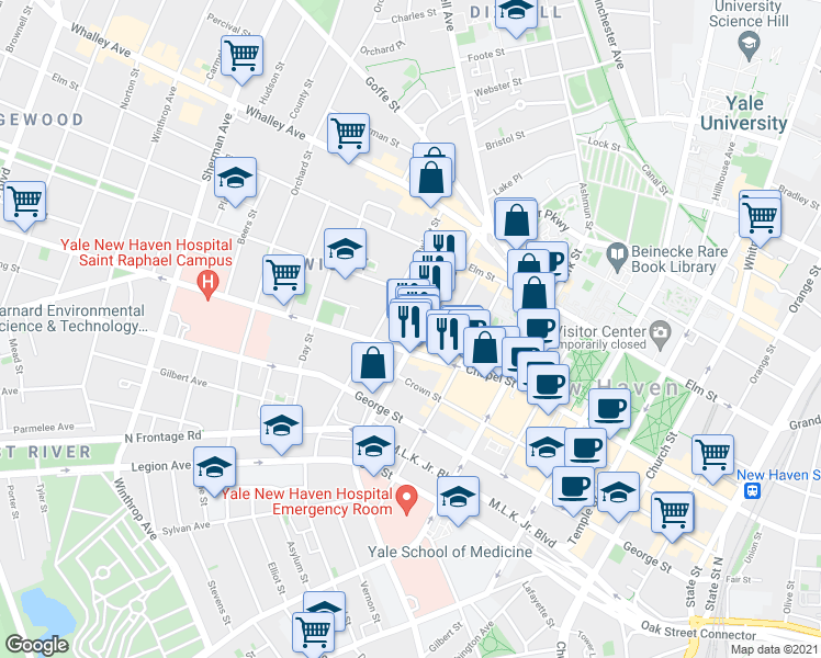 map of restaurants, bars, coffee shops, grocery stores, and more near 1245 Chapel Street in New Haven