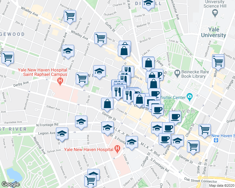 map of restaurants, bars, coffee shops, grocery stores, and more near 1245 Chapel Street in New Haven