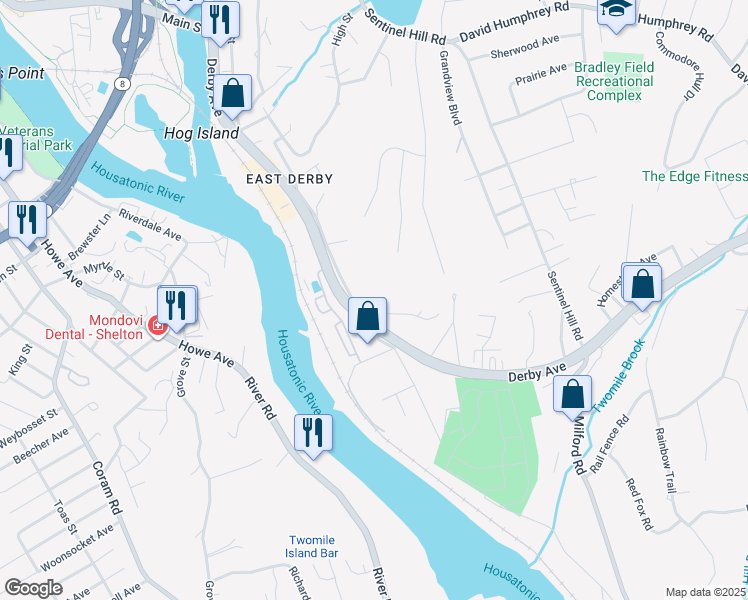 map of restaurants, bars, coffee shops, grocery stores, and more near 140 New Haven Avenue in Derby