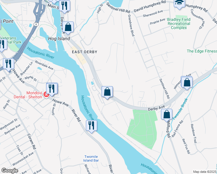 map of restaurants, bars, coffee shops, grocery stores, and more near 140 New Haven Avenue in Derby