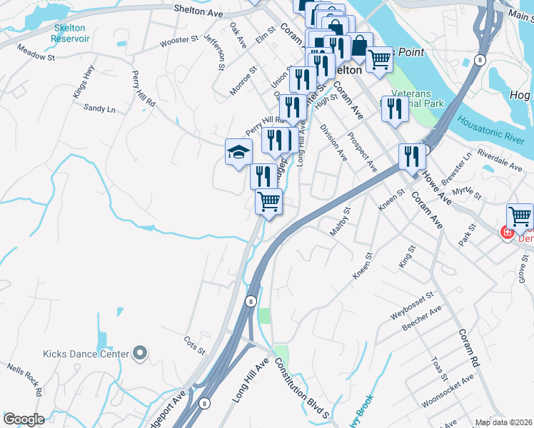 map of restaurants, bars, coffee shops, grocery stores, and more near 101 Bridgeport Avenue in Shelton