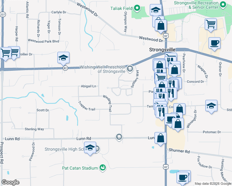 map of restaurants, bars, coffee shops, grocery stores, and more near 14388 Fullers Lane in Strongsville