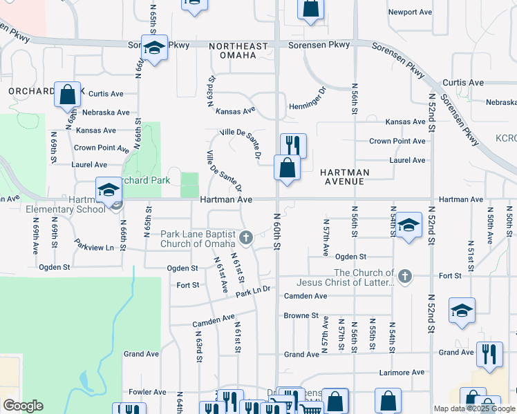 map of restaurants, bars, coffee shops, grocery stores, and more near 6000 Hartman Avenue in Omaha