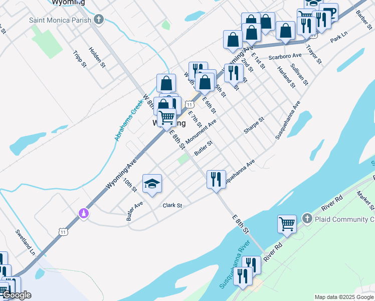 map of restaurants, bars, coffee shops, grocery stores, and more near 92 E 8th St in Wyoming