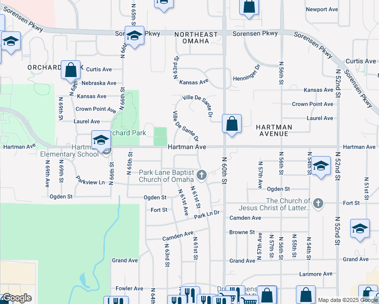 map of restaurants, bars, coffee shops, grocery stores, and more near 6068 Ellison Avenue in Omaha