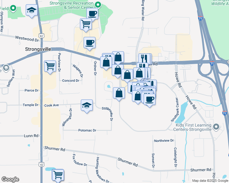 map of restaurants, bars, coffee shops, grocery stores, and more near 14455 Placid Cove in Strongsville