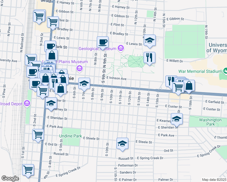 map of restaurants, bars, coffee shops, grocery stores, and more near 310 South 11th Street in Laramie