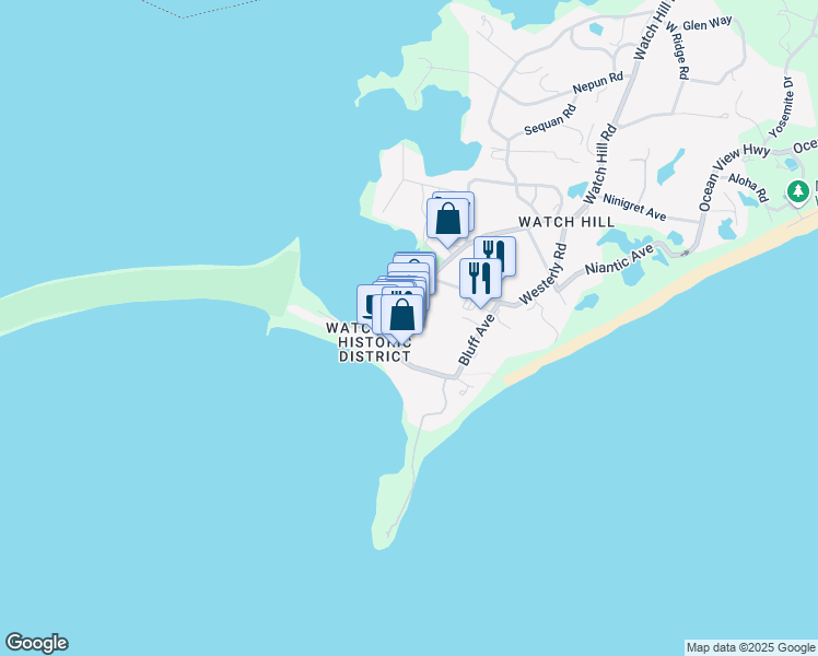 map of restaurants, bars, coffee shops, grocery stores, and more near 96 Bay Street in Westerly