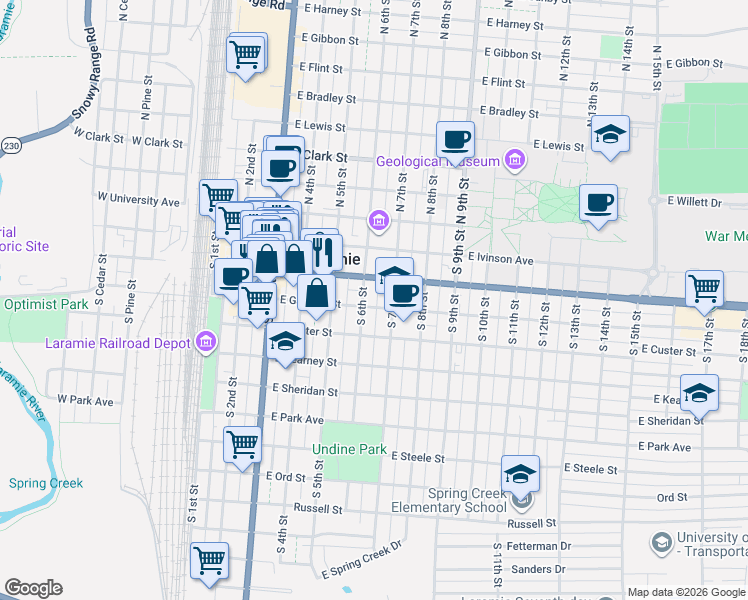 map of restaurants, bars, coffee shops, grocery stores, and more near 319 South 6th Street in Laramie