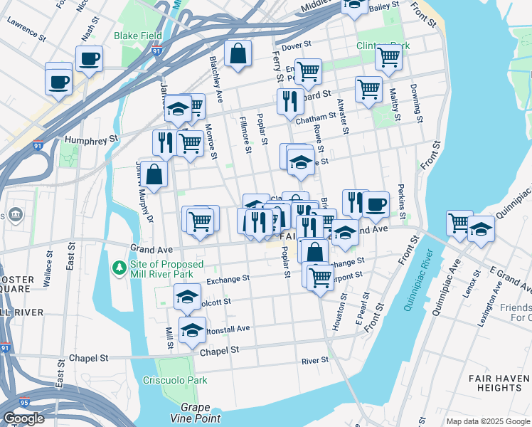 map of restaurants, bars, coffee shops, grocery stores, and more near 43 Fillmore Street in New Haven
