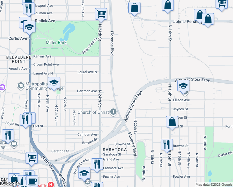 map of restaurants, bars, coffee shops, grocery stores, and more near 5615 Florence Boulevard in Omaha