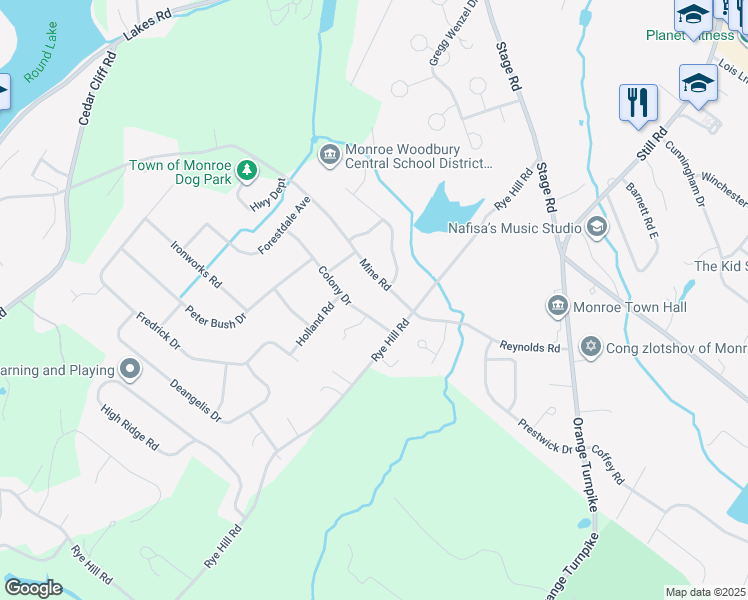 map of restaurants, bars, coffee shops, grocery stores, and more near 7 Colony Drive in Monroe