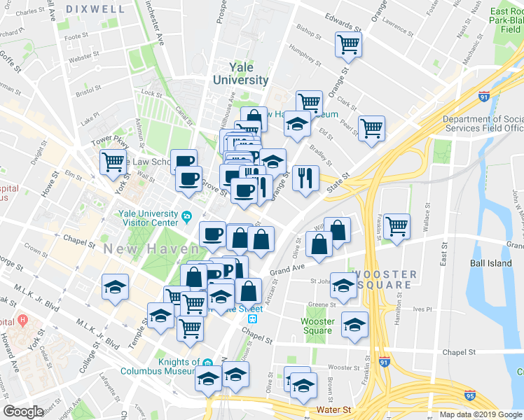 map of restaurants, bars, coffee shops, grocery stores, and more near 338 Orange Street in New Haven