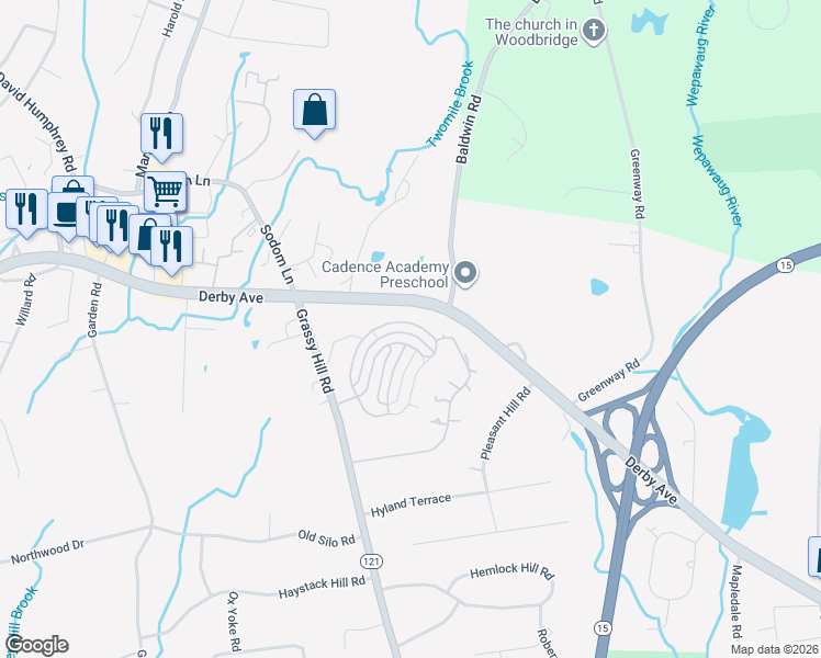 map of restaurants, bars, coffee shops, grocery stores, and more near 143 Sunrise Hill Circle in Orange