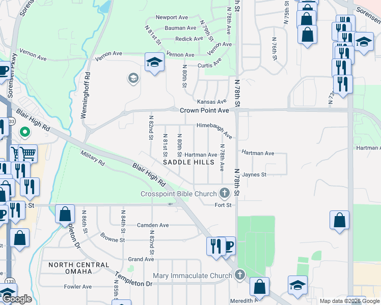 map of restaurants, bars, coffee shops, grocery stores, and more near 5704 North 79th Avenue in Omaha