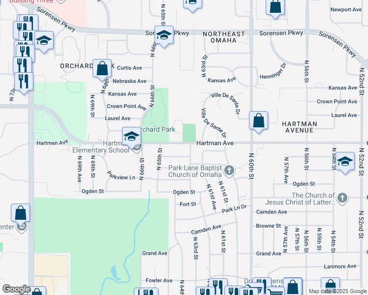 map of restaurants, bars, coffee shops, grocery stores, and more near 6317 Hartman Ave in Omaha