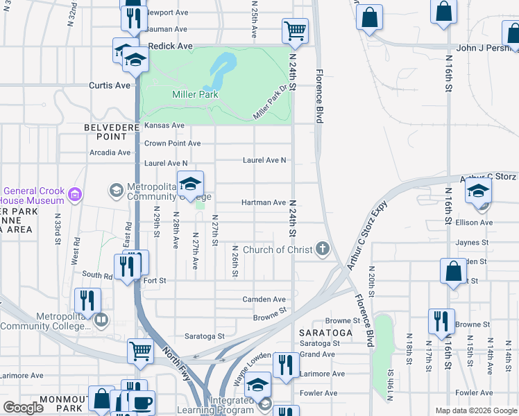 map of restaurants, bars, coffee shops, grocery stores, and more near 2449 Hartman Avenue in Omaha