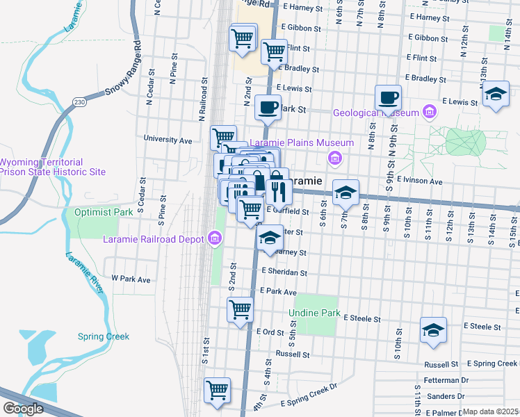 map of restaurants, bars, coffee shops, grocery stores, and more near 300 East Garfield Street in Laramie