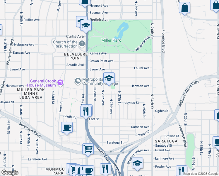 map of restaurants, bars, coffee shops, grocery stores, and more near 5625 North 28th Avenue in Omaha