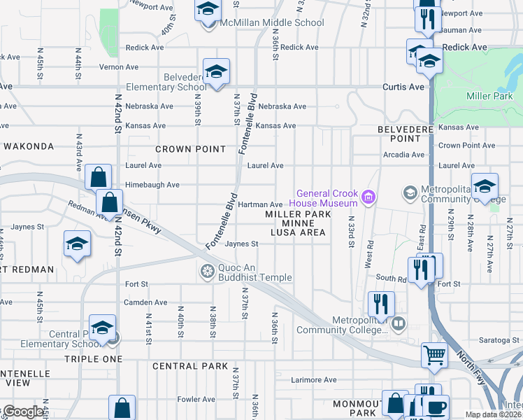 map of restaurants, bars, coffee shops, grocery stores, and more near 3617 Hartman Avenue in Omaha