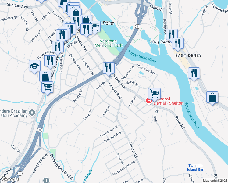 map of restaurants, bars, coffee shops, grocery stores, and more near 118 Coram Avenue in Shelton
