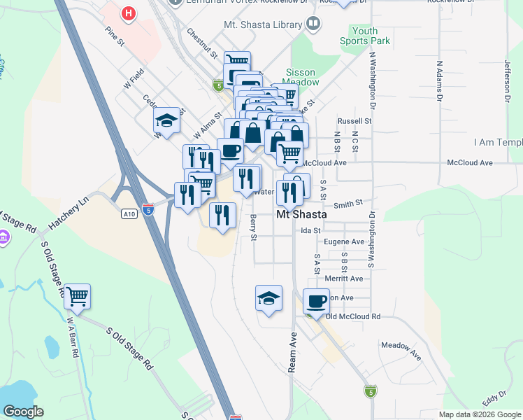 map of restaurants, bars, coffee shops, grocery stores, and more near 206 High Street in Mount Shasta