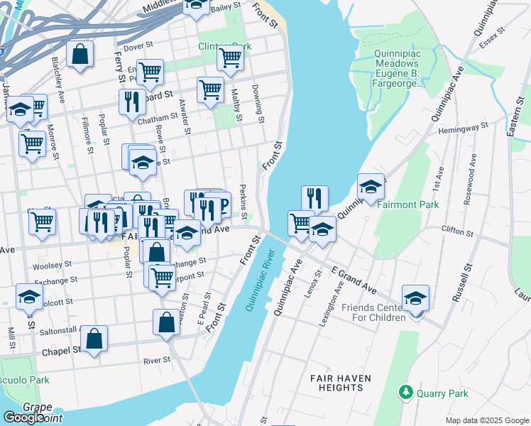 map of restaurants, bars, coffee shops, grocery stores, and more near 185 Front Street in New Haven