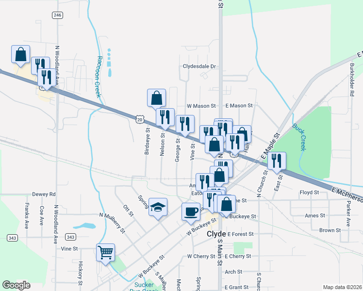 map of restaurants, bars, coffee shops, grocery stores, and more near 676 George Street in Clyde